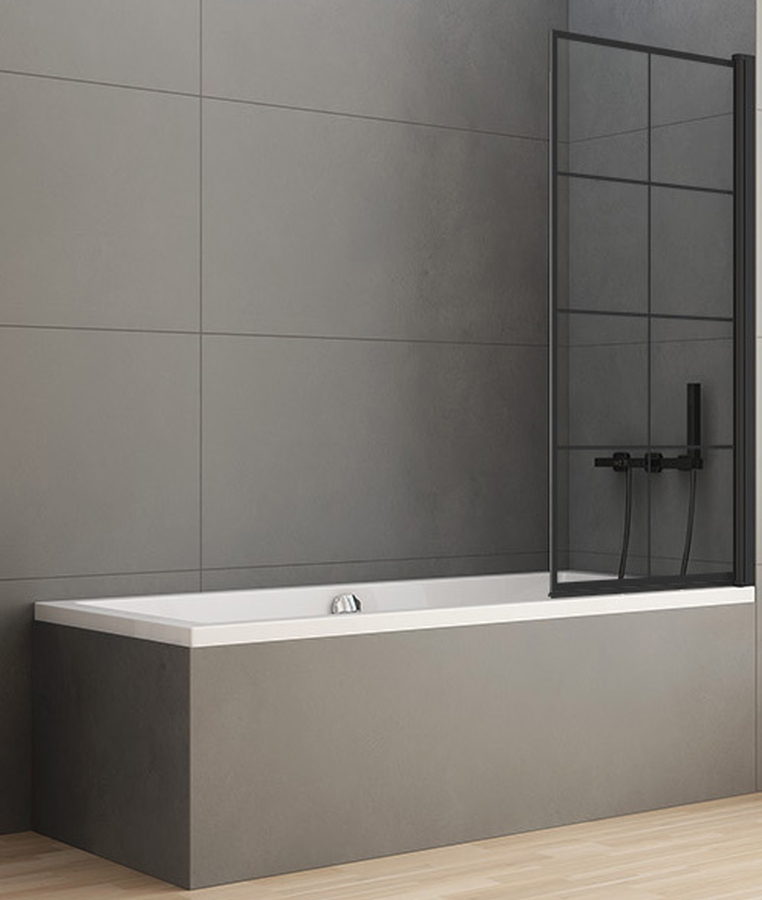 New Trendy New Soleo Black Badewannenabtrennung 90 cm einteilig schwarz Matte/Glas mit Muster P-0048