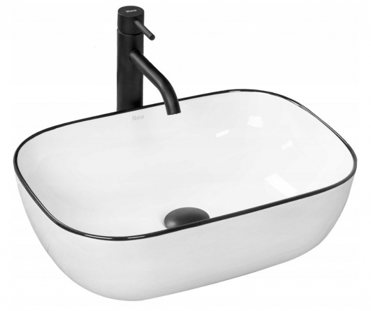 Rea Marbel Waschbecken 46.5x33 cm rechteckig Aufsatzwaschbecken weiß-schwarz REA-U8603
