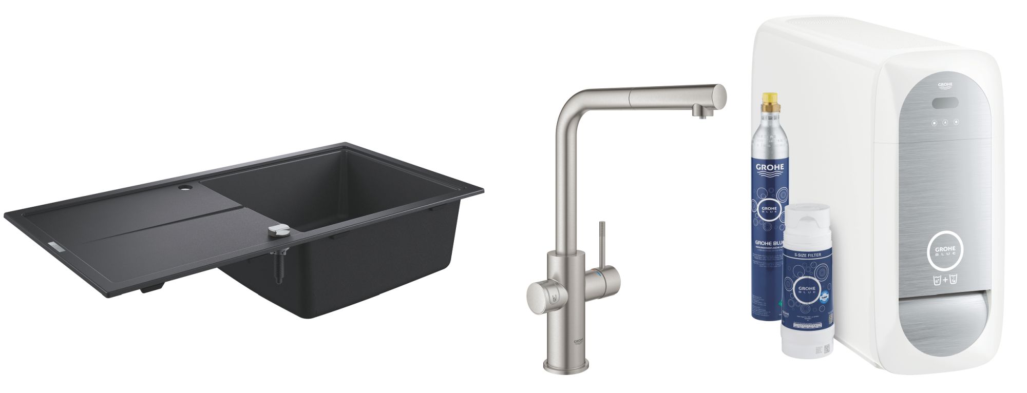 Set Küchenarmatur mit Filter Grohe Blue 31539DC0, Granitspüle Grohe K400 31641AP0