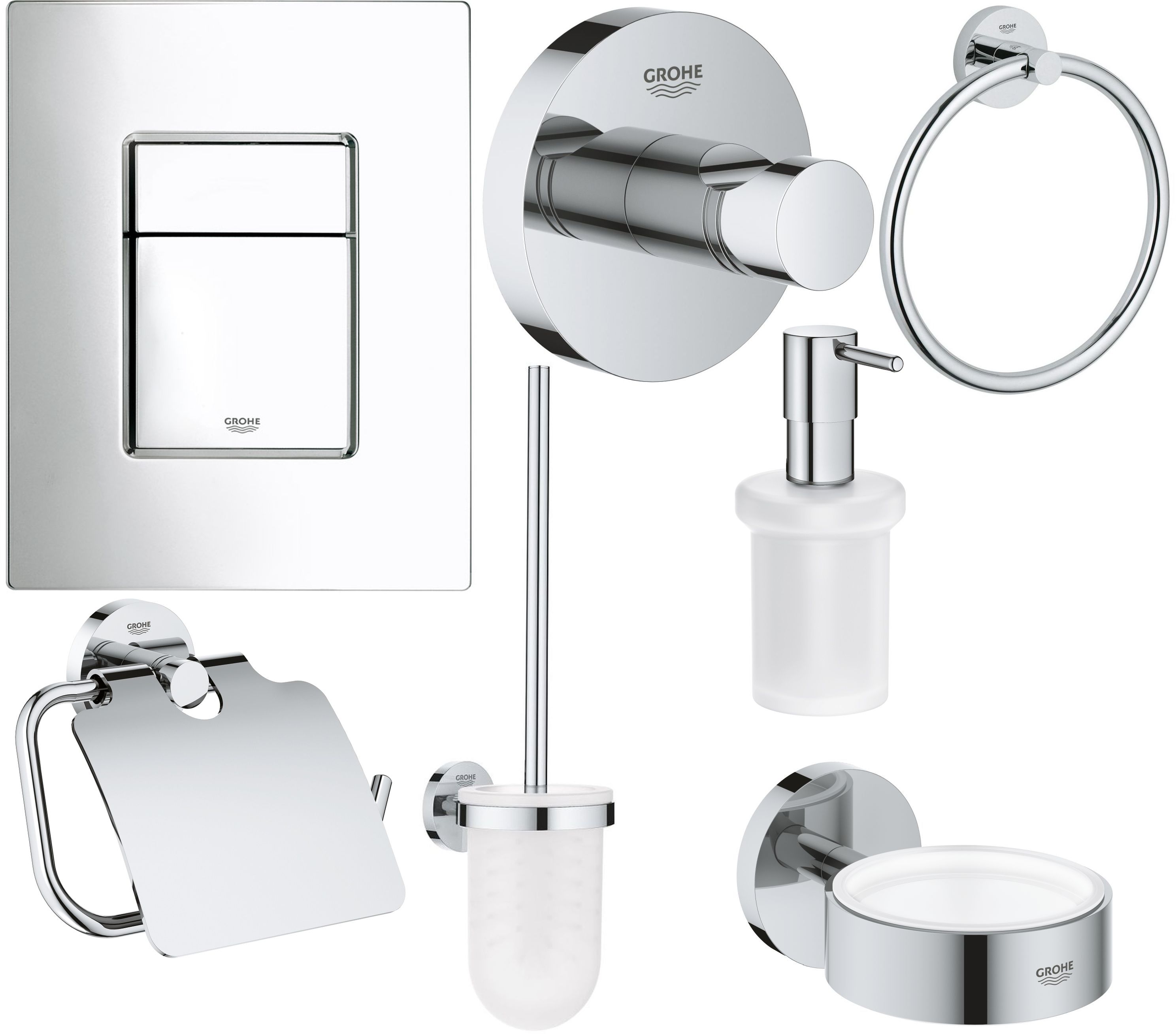 Set Toilettenbürstengarnitur Grohe Essentials 40374001, Betätigungsplatte Grohe Skate 38732000, 40367001, 40369001, 40365001, 40394001, 40364001
