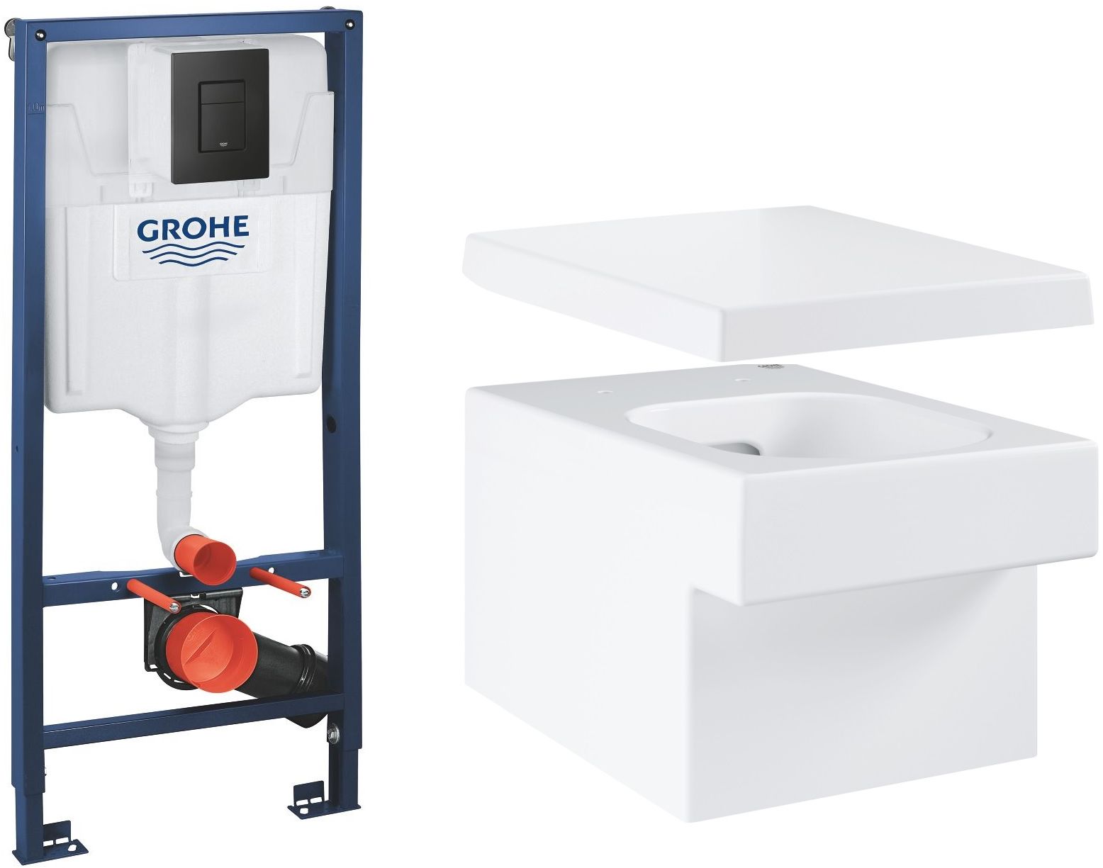 Set WC-Becken Grohe Cube Ceramic 3924500H, WC-Vorwandelement mit Betätigungsplatte Grohe Solido 38811KF0, 39488000