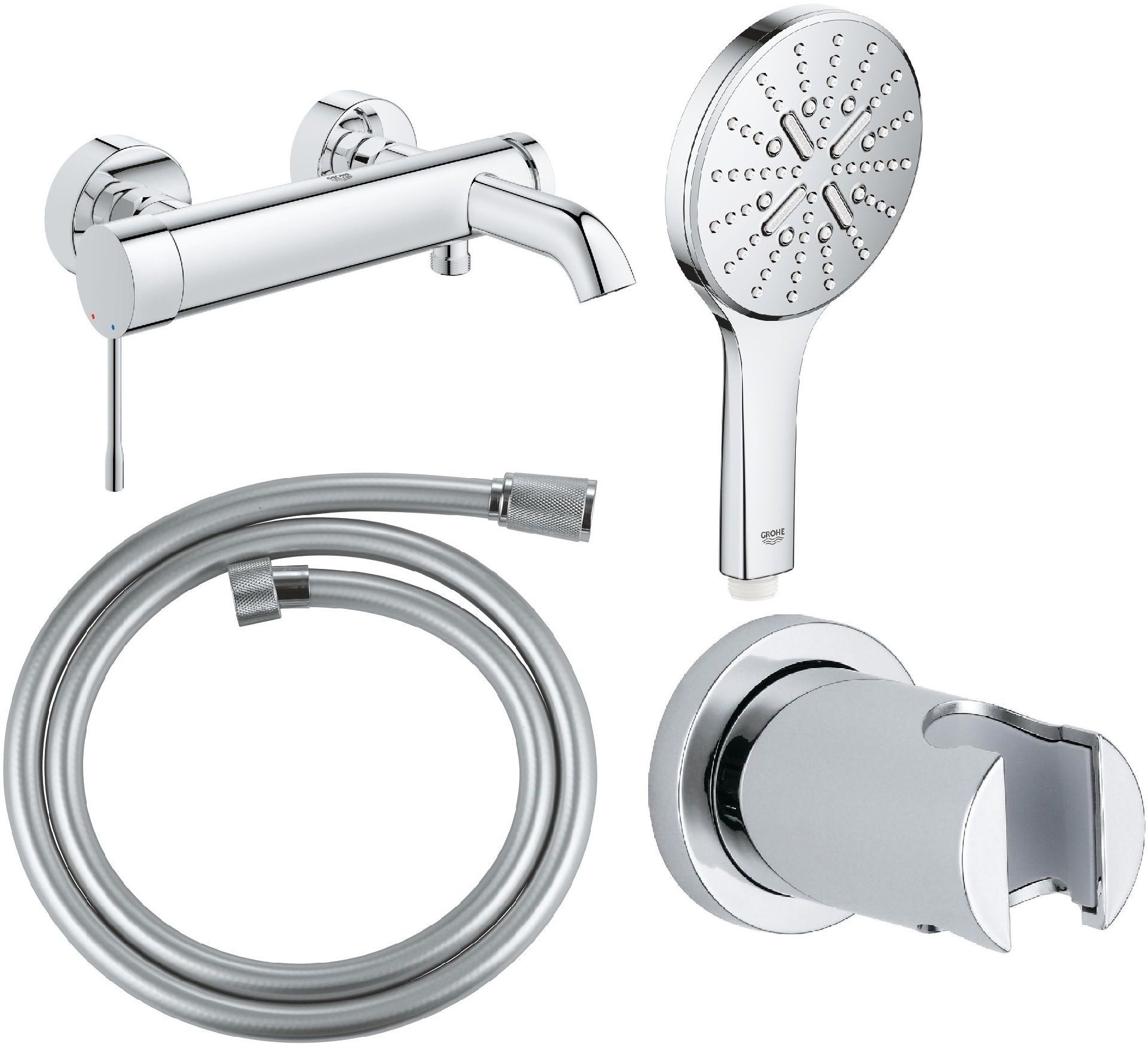 Set Badewannen- und Duscharmatur Grohe Essence 33624001, Handbrause Grohe Rainshower 26574000, 27074000, 22112000