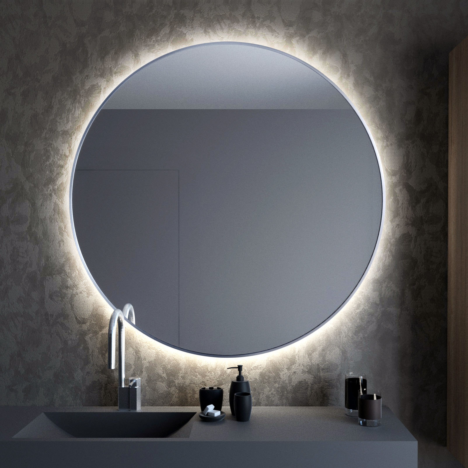 Baltica Design Tiny Border Bright Spiegel 90x90 cm rund mit Beleuchtung mit Spiegelheizung silber 5904107911656