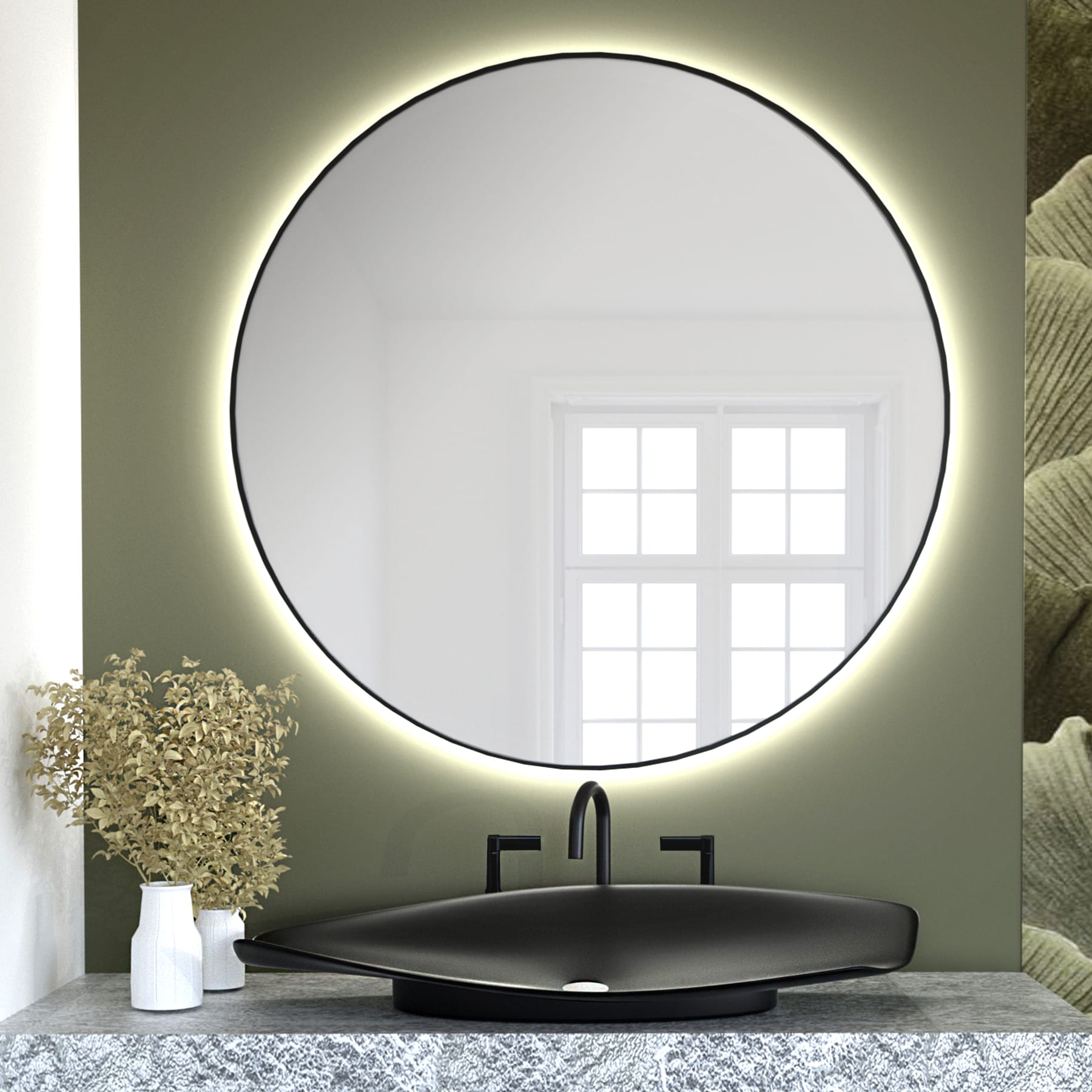 Baltica Design Tiny Border Bright Spiegel 70x70 cm rund mit Beleuchtung mit Spiegelheizung schwarz 5904107911373
