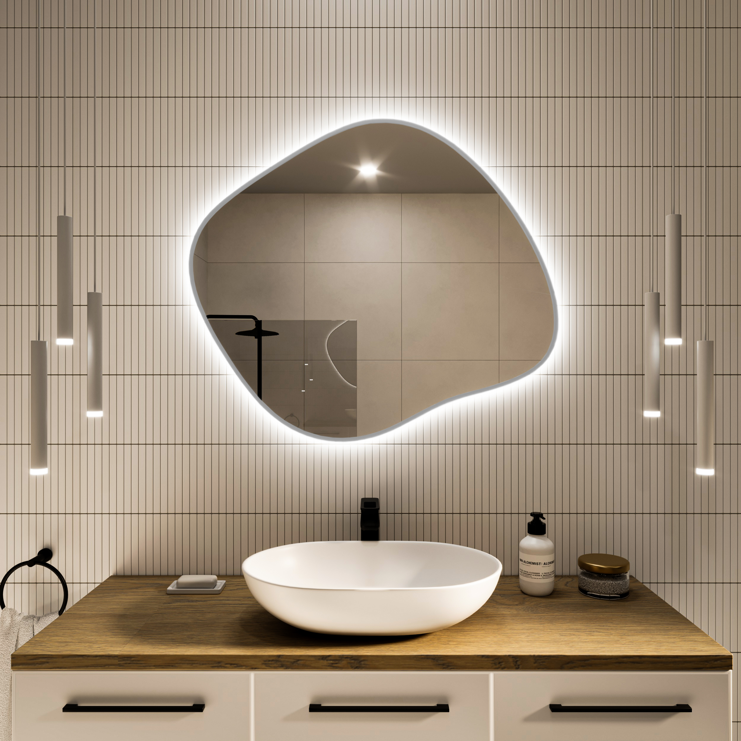 Baltica Design Tiny Borderbright Stain III Spiegel 70x60 cm mit Beleuchtung mit Spiegelheizung silber 5904107917795