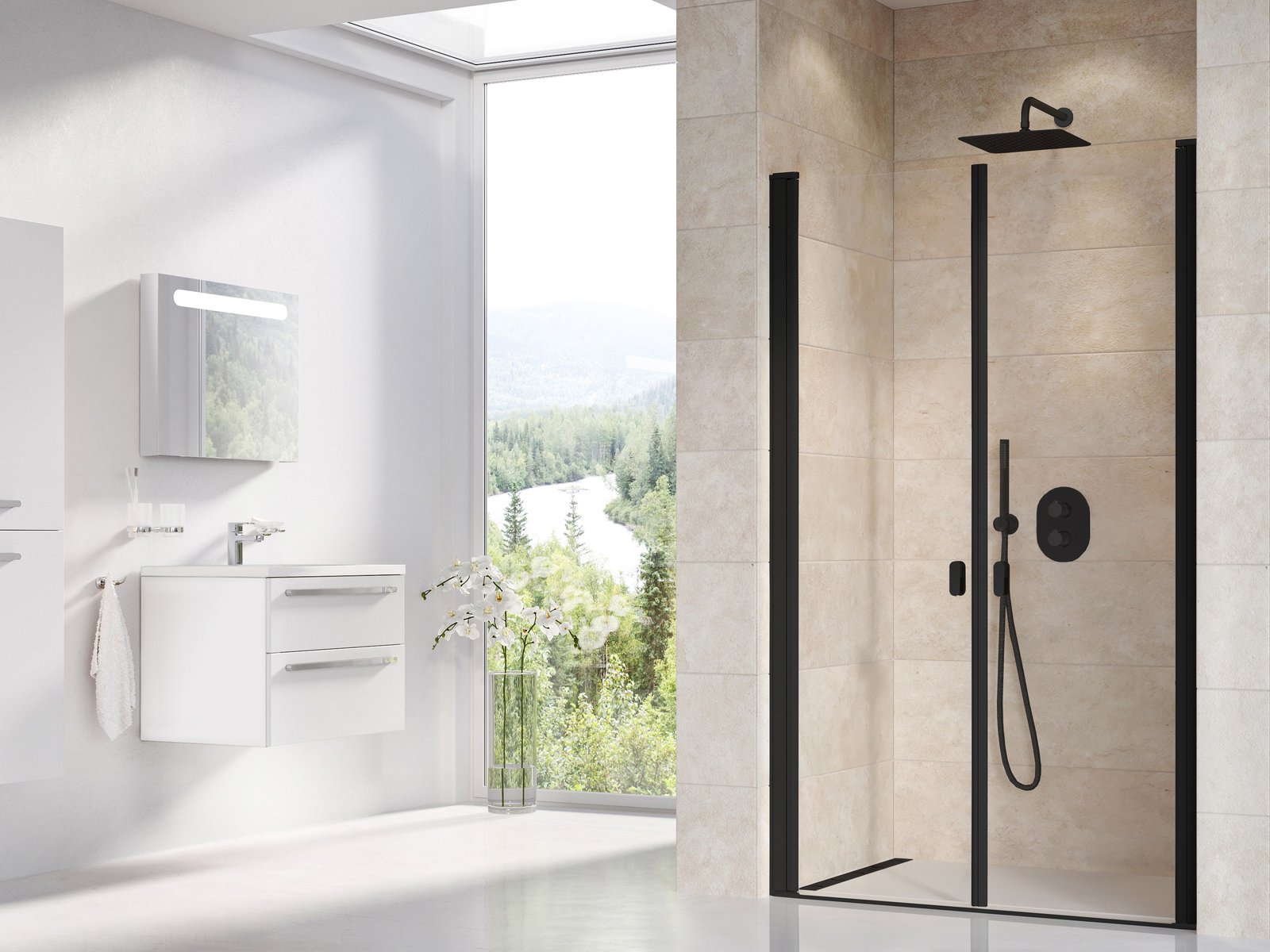 Ravak Chrome Duschtüren 90 cm aufklappbar schwarz Matte/durchsichtiges Glas 0QV7C30LZ1