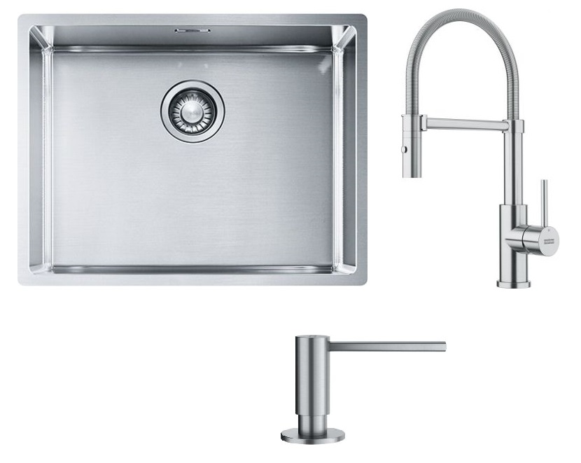 Set Edelstahlspüle Franke Box 127.0453.660, Küchenarmatur Franke Smart Glenda 115.0747.475, 112.0717.084