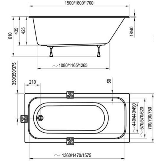 Set Rechteckige Badewanne Ravak Chrome C731000000, Badewannensiphon Ravak X01305, GPX2240015