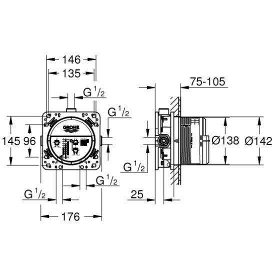Satz deszczownica z ramieniem Grohe Rainshower 26564000, bateria wannowo-prysznicowa Grohe Eurocube 24062000, 27702000, 35600000, 27704000