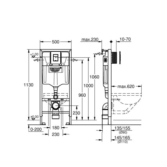 Set WC-Becken Grohe Cube Ceramic 3924500H, WC-Vorwandelement mit Betätigungsplatte Grohe Solido 38811KF0, 39488000