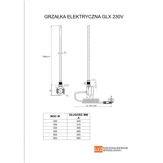 Set Elektrischer Heizkörper Luxrad V-line Elektro VLI18005009005MATERG, Elektro-Heizstab Luxrad GLX GLX800CZ