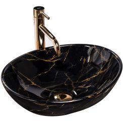 Rea Sofia Marble Waschbecken 41x34.5 cm oval Aufsatzwaschbecken schwarz-gold REA-U5611
