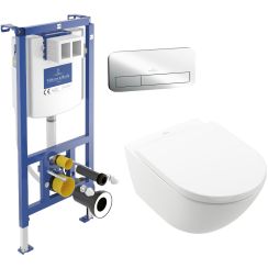 Zestaw Villeroy & Boch Subway 3.0 stelaż podtynkowy miska WC wisząca z deską i przycisk chrom połysk (92242700, 4670TSR1, 92249061)